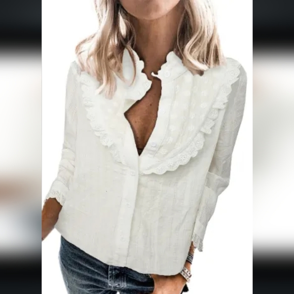 ♥️New stand collar ruffles textured shirt - Picture 3 of 16